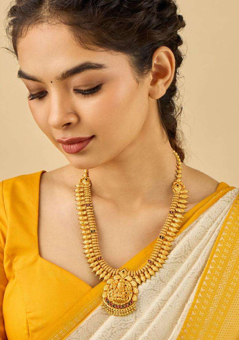 92.5 Pure Silver Gold-Plated Stone Studded Temple Necklace for Women | Traditional Temple Jewellery for Wedding & Festive Wear | Gift for Her - Indya