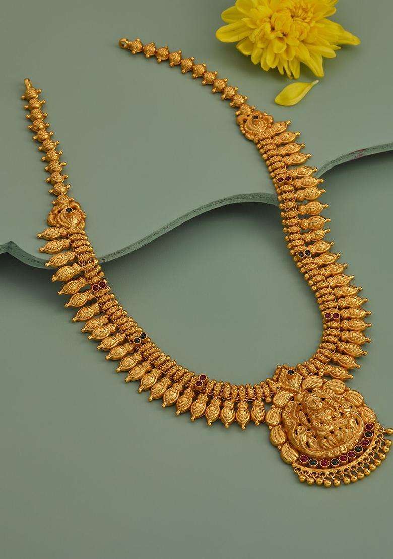 92.5 Pure Silver Gold-Plated Stone Studded Temple Necklace for Women | Traditional Temple Jewellery for Wedding & Festive Wear | Gift for Her - Indya