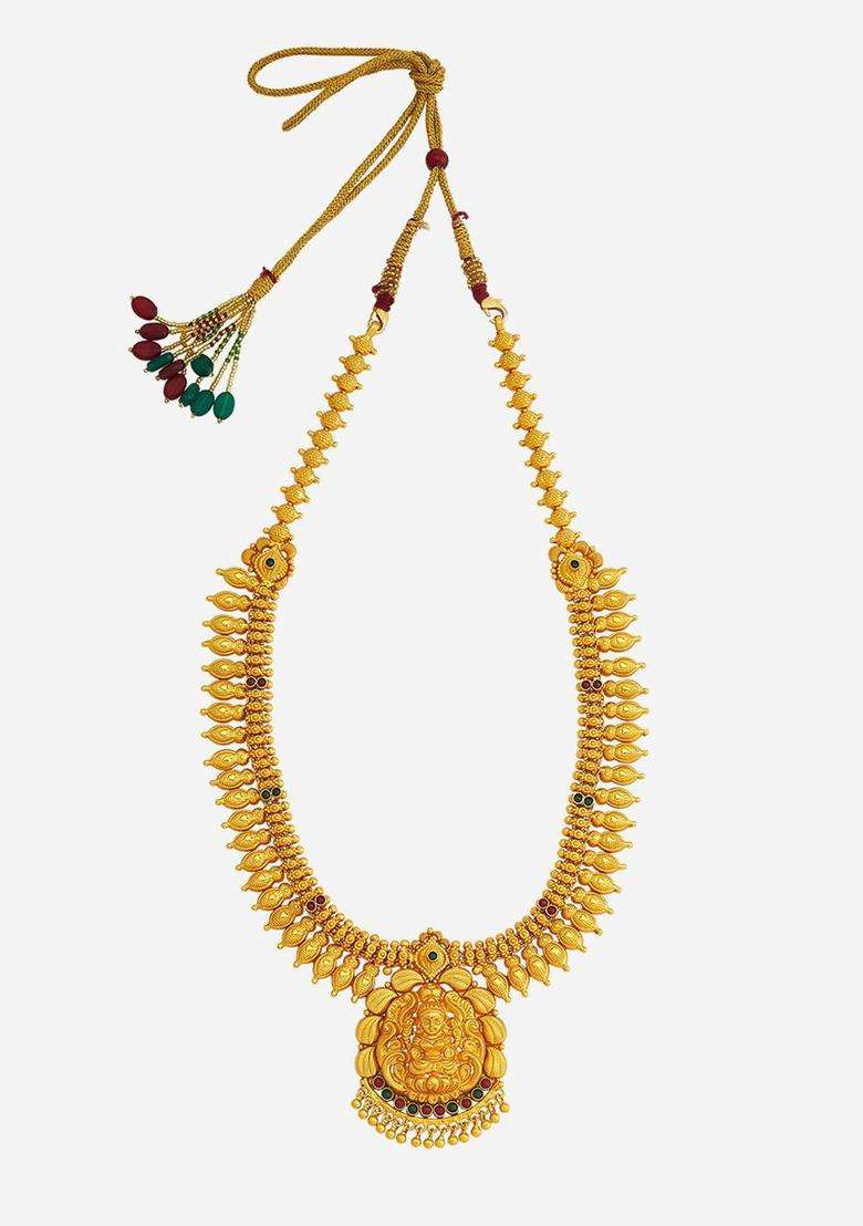 92.5 Pure Silver Gold-Plated Stone Studded Temple Necklace for Women | Traditional Temple Jewellery for Wedding & Festive Wear | Gift for Her - Indya
