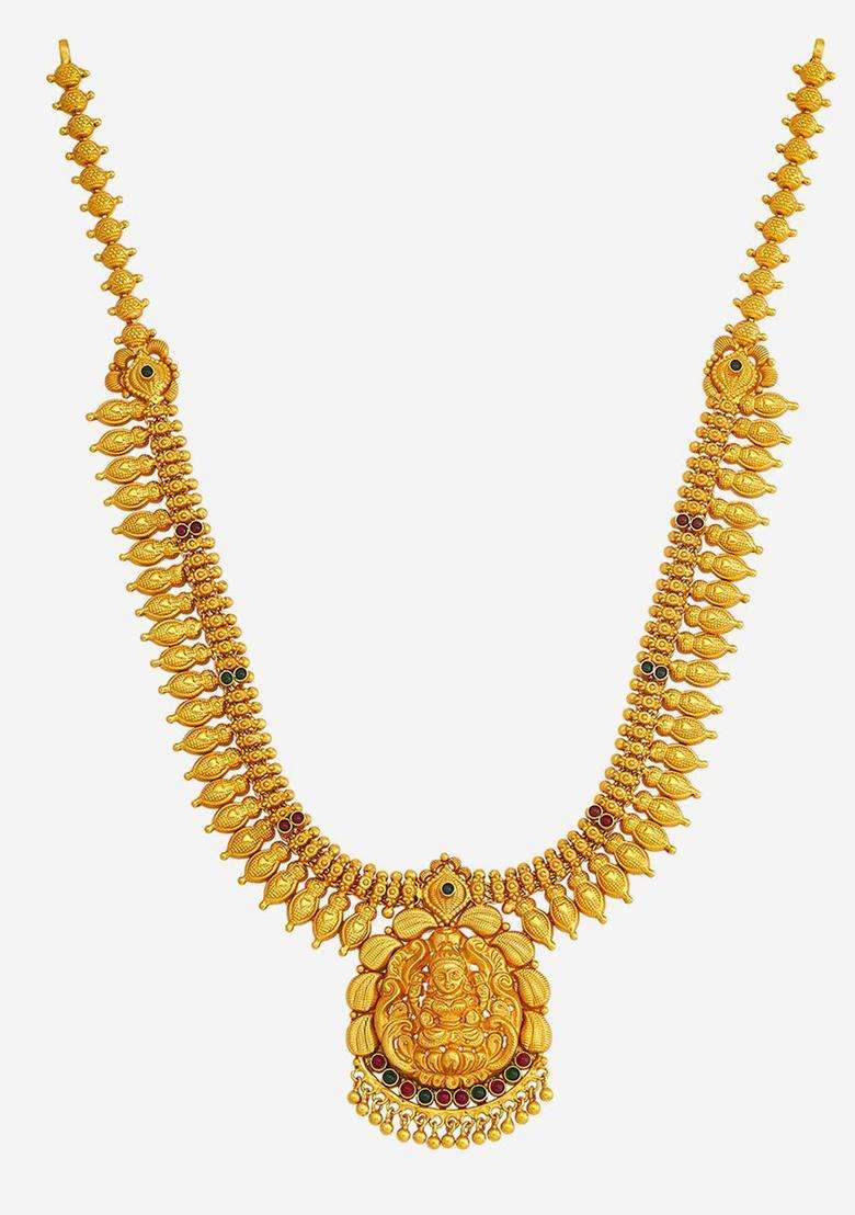 92.5 Pure Silver Gold-Plated Stone Studded Temple Necklace for Women | Traditional Temple Jewellery for Wedding & Festive Wear | Gift for Her - Indya