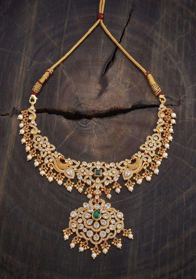 92.5 Pure Silver Gold-Plated Stone Studded & Beaded Necklace for Women | Traditional Temple Jewellery for Wedding & Festive Wear | Gift for Her - Indya