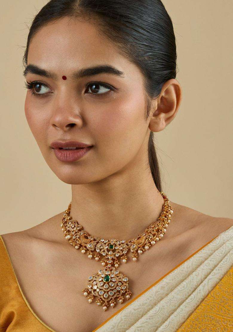 92.5 Pure Silver Gold-Plated Stone Studded & Beaded Necklace for Women | Traditional Temple Jewellery for Wedding & Festive Wear | Gift for Her - Indya
