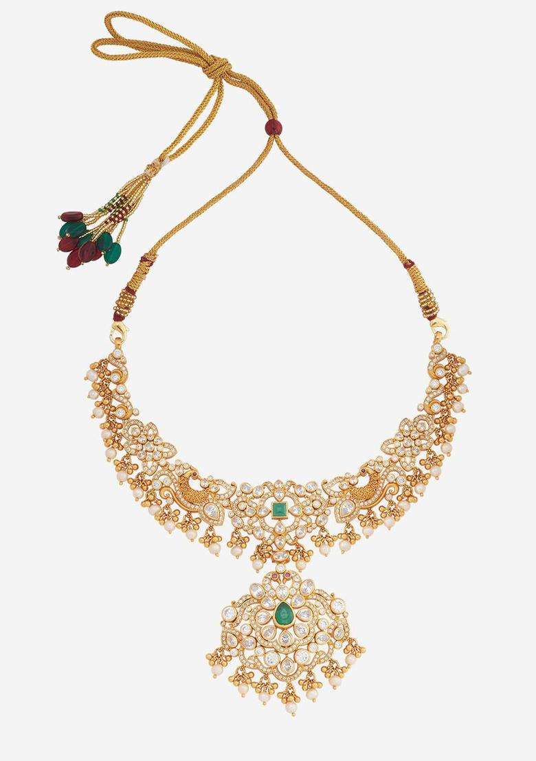 92.5 Pure Silver Gold-Plated Stone Studded & Beaded Necklace for Women | Traditional Temple Jewellery for Wedding & Festive Wear | Gift for Her - Indya