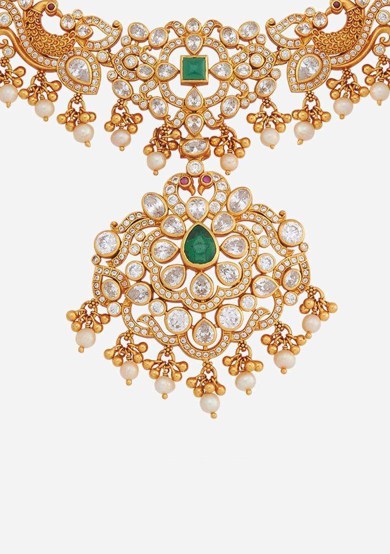 92.5 Pure Silver Gold-Plated Stone Studded & Beaded Necklace for Women | Traditional Temple Jewellery for Wedding & Festive Wear | Gift for Her - Indya