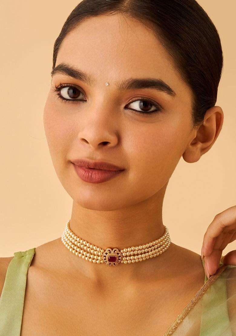 92.5 Pure Silver Gold-Plated Stone Studded & Beaded Necklace for Women | Traditional Temple Jewellery for Wedding & Festive Wear | Gift for Her - Indya