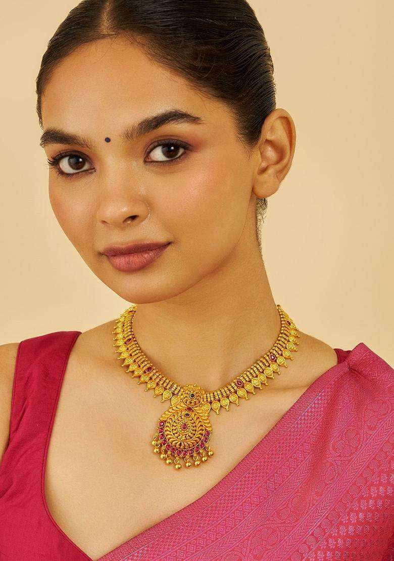 Embellished Bridal 92.5 Pure Silver Gold-Plated Temple Necklace for Women | Traditional Temple Jewellery for Wedding & Festive Wear | Gift for Her - Indya