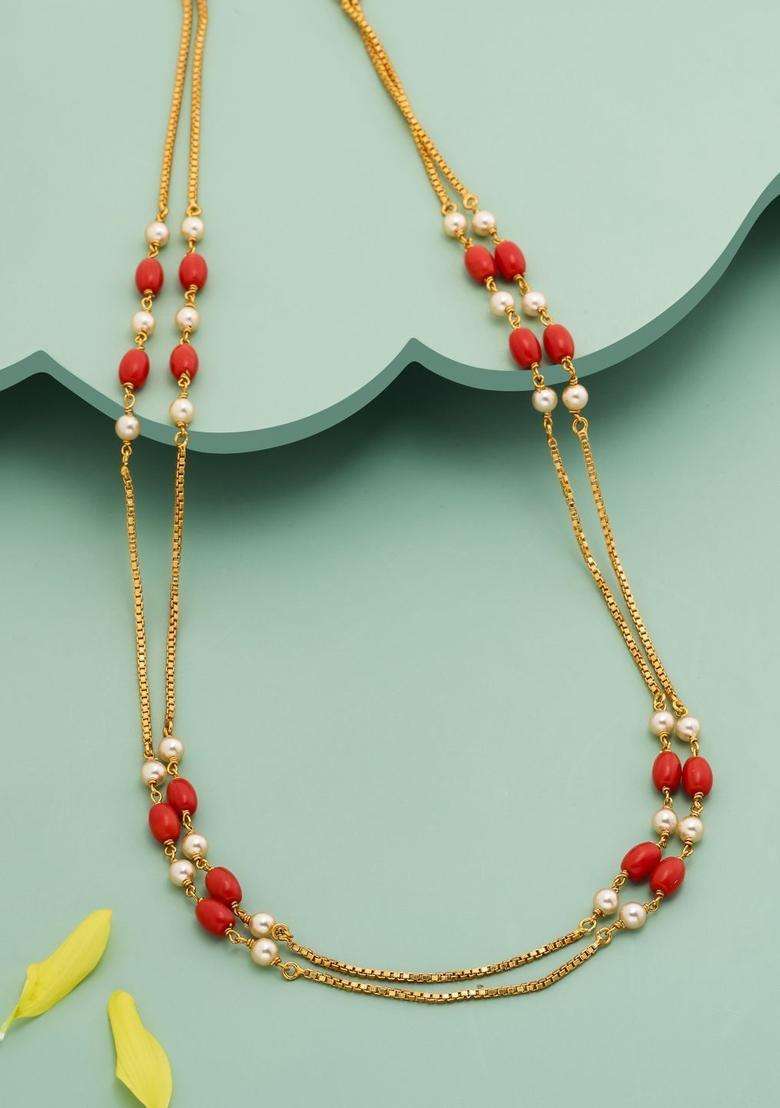 Temple Pearl Gold-Plated Stone-Studded Chain for Women | Traditional Temple Jewellery for Wedding & Festive Wear | Gift for Her - Indya
