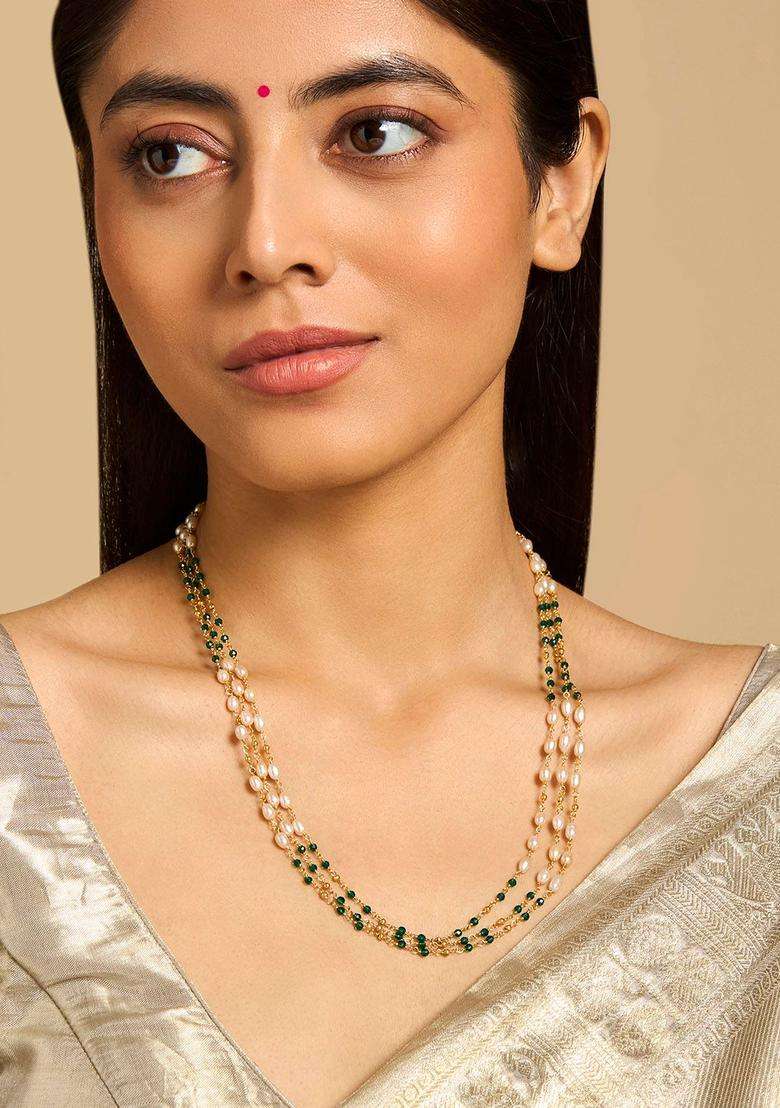 92.5 Pure Silver Gold-Plated Pearls Temple Necklace for Women | Traditional Temple Jewellery for Wedding & Festive Wear | Gift for Her - Indya