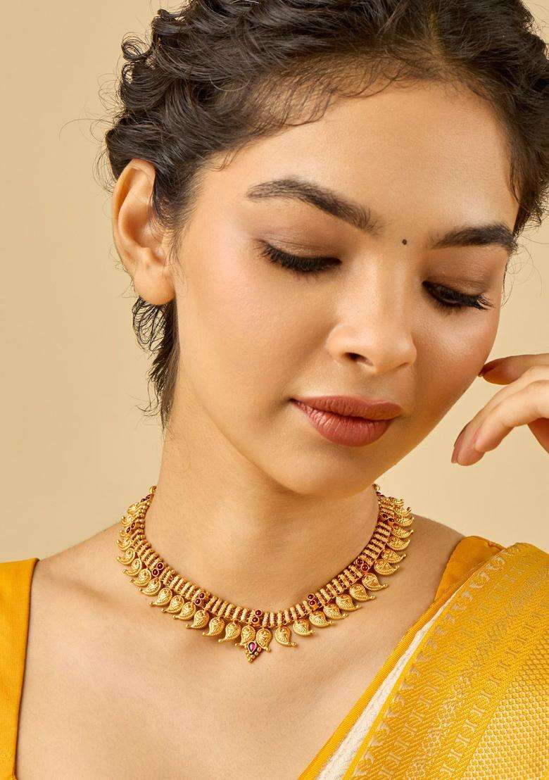 92.5 Pure Silver Gold-Plated Stone Studded Temple Necklace for Women | Traditional Temple Jewellery for Wedding & Festive Wear | Gift for Her - Indya
