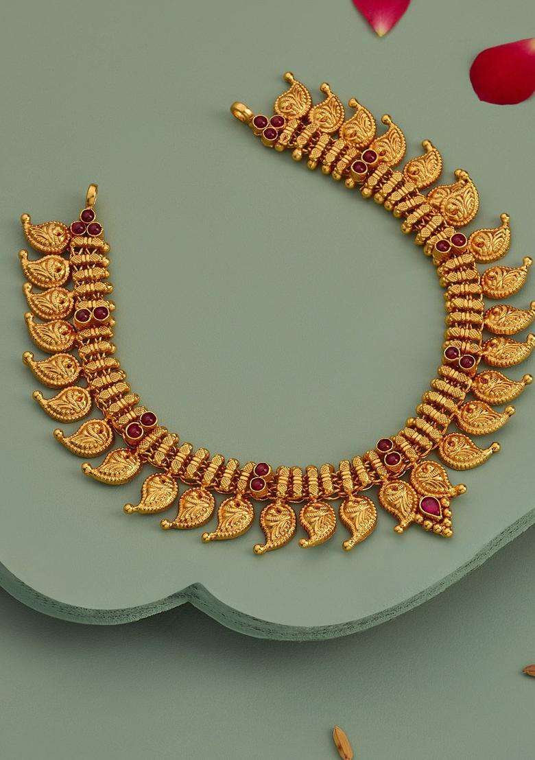 92.5 Pure Silver Gold-Plated Stone Studded Temple Necklace for Women | Traditional Temple Jewellery for Wedding & Festive Wear | Gift for Her - Indya