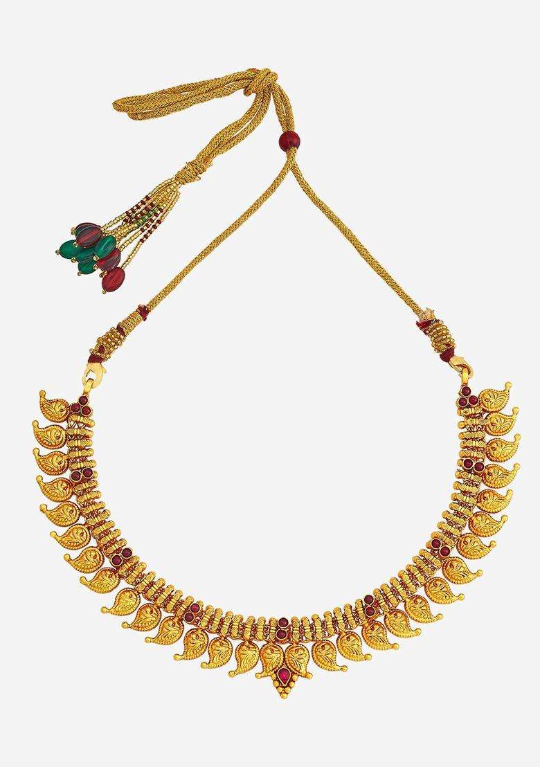 92.5 Pure Silver Gold-Plated Stone Studded Temple Necklace for Women | Traditional Temple Jewellery for Wedding & Festive Wear | Gift for Her - Indya