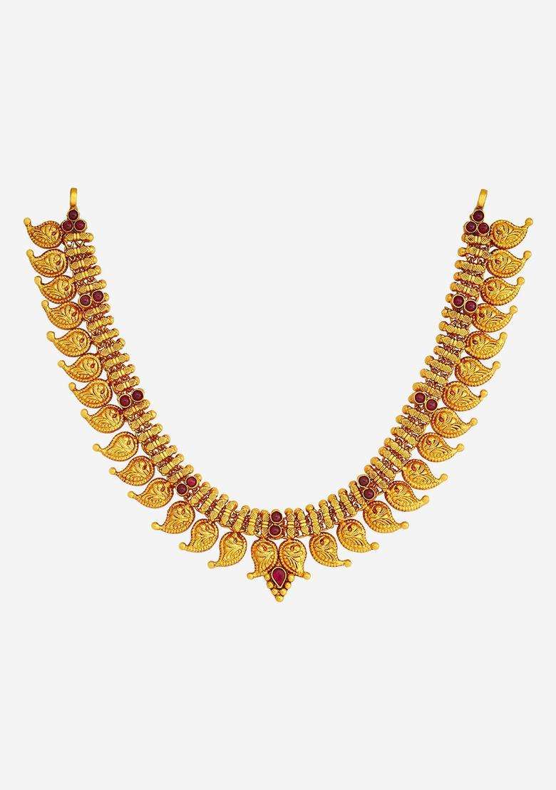 92.5 Pure Silver Gold-Plated Stone Studded Temple Necklace for Women | Traditional Temple Jewellery for Wedding & Festive Wear | Gift for Her - Indya
