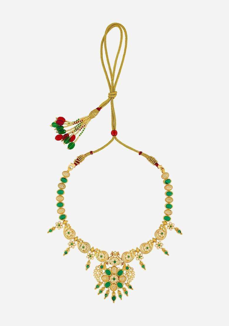 Gold-Plated Stones Studded & Beaded Temple Necklace for Women | Traditional Temple Jewellery for Wedding & Festive Wear | Gift for Her - Indya