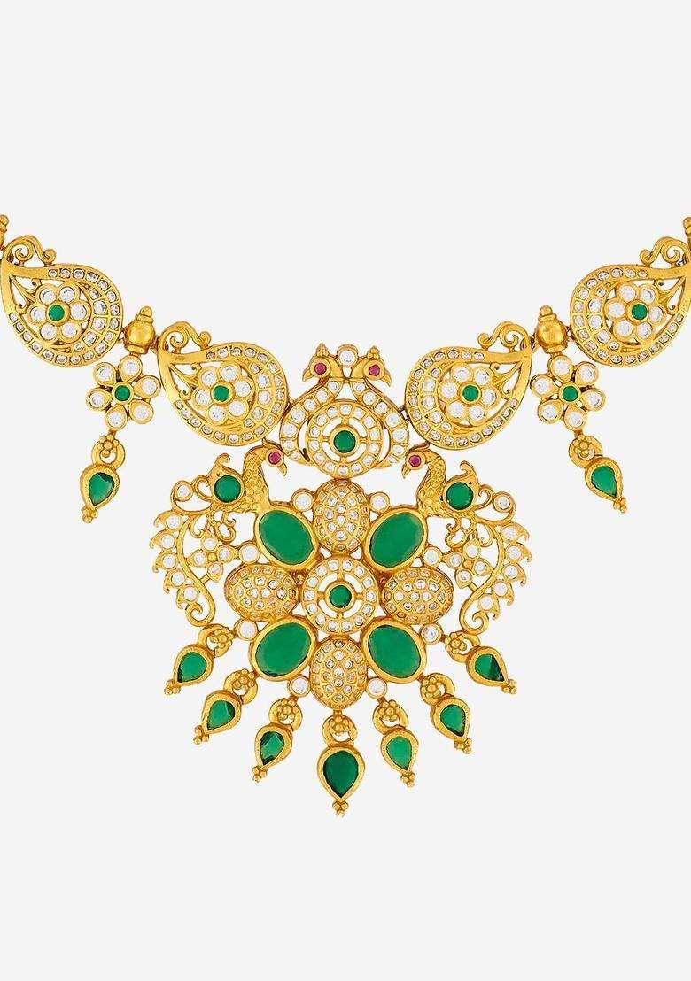 Gold-Plated Stones Studded & Beaded Temple Necklace for Women | Traditional Temple Jewellery for Wedding & Festive Wear | Gift for Her - Indya