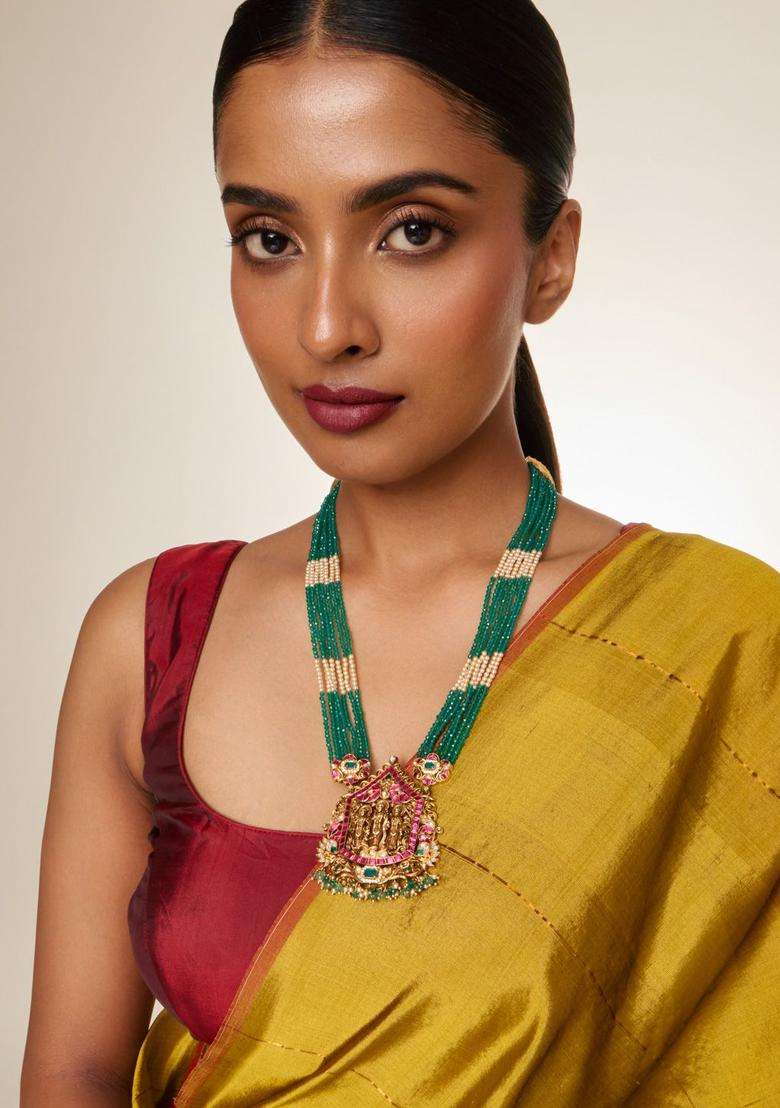 Gold-Plated Stones Studded & Beaded Temple Necklace for Women | Traditional Temple Jewellery for Wedding & Festive Wear | Gift for Her - Indya