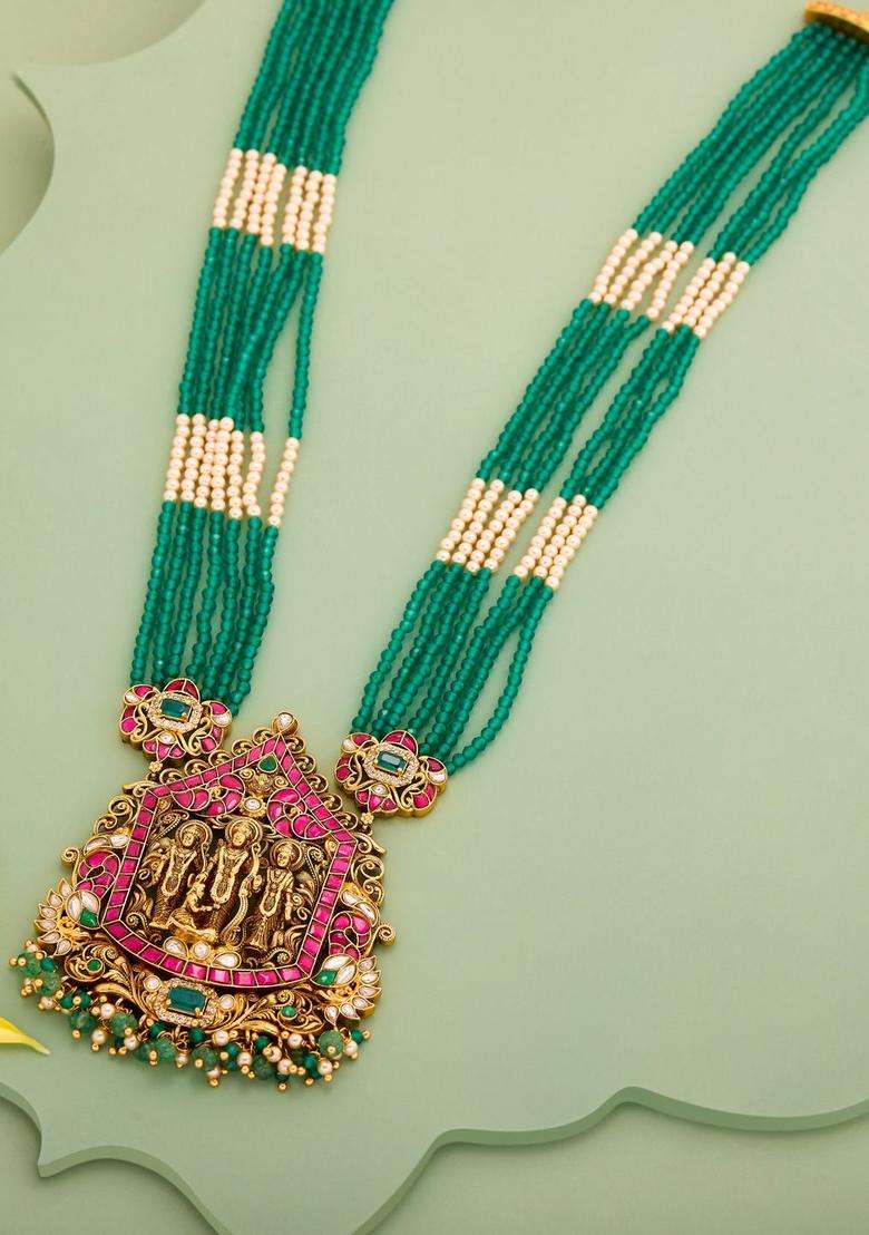 Gold-Plated Stones Studded & Beaded Temple Necklace for Women | Traditional Temple Jewellery for Wedding & Festive Wear | Gift for Her - Indya