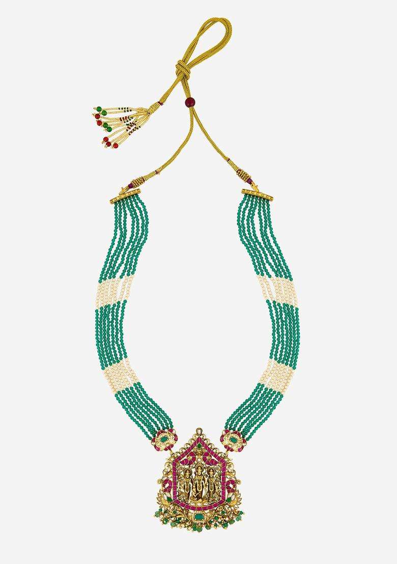 Gold-Plated Stones Studded & Beaded Temple Necklace for Women | Traditional Temple Jewellery for Wedding & Festive Wear | Gift for Her - Indya