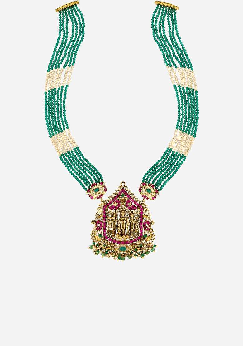 Gold-Plated Stones Studded & Beaded Temple Necklace for Women | Traditional Temple Jewellery for Wedding & Festive Wear | Gift for Her - Indya