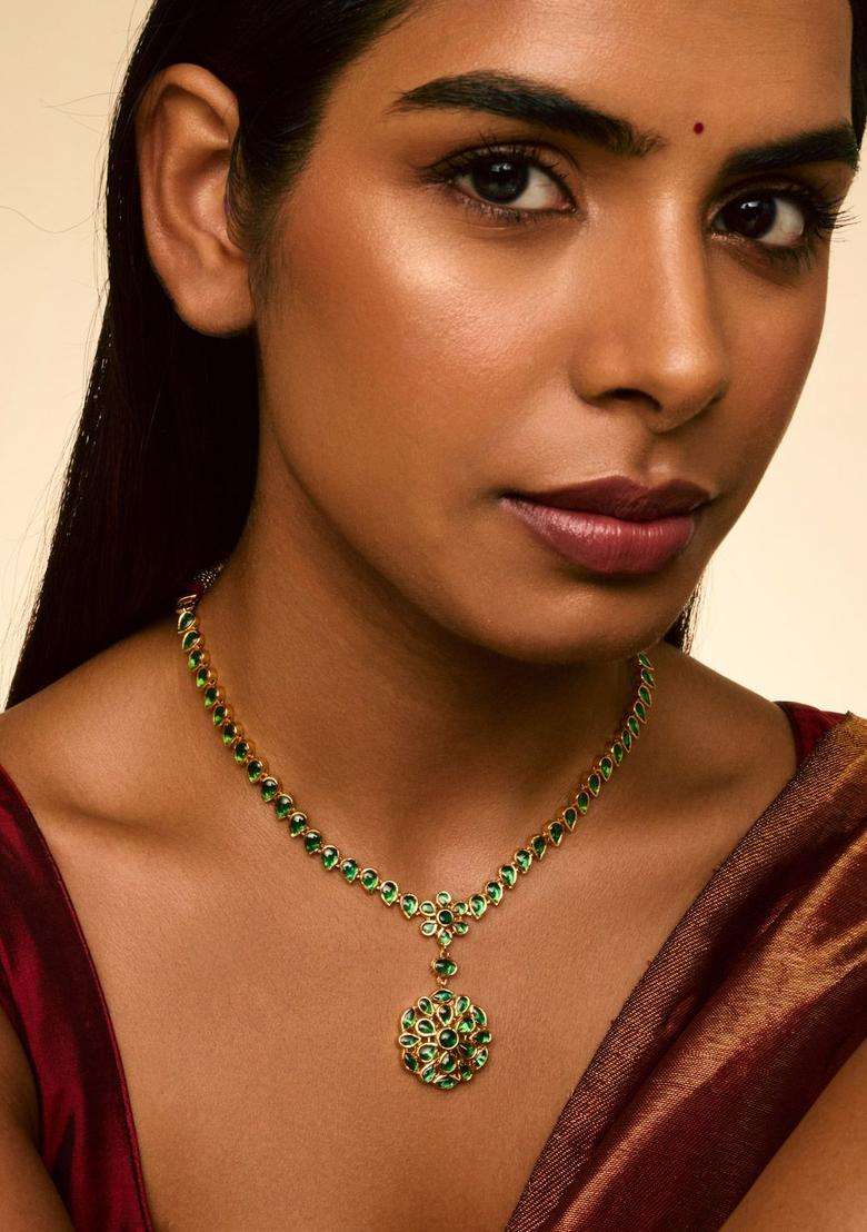 Green Gold-Plated Party Zircon Necklace for Women | Traditional Temple Jewellery for Wedding & Festive Wear | Gift for Her - Indya
