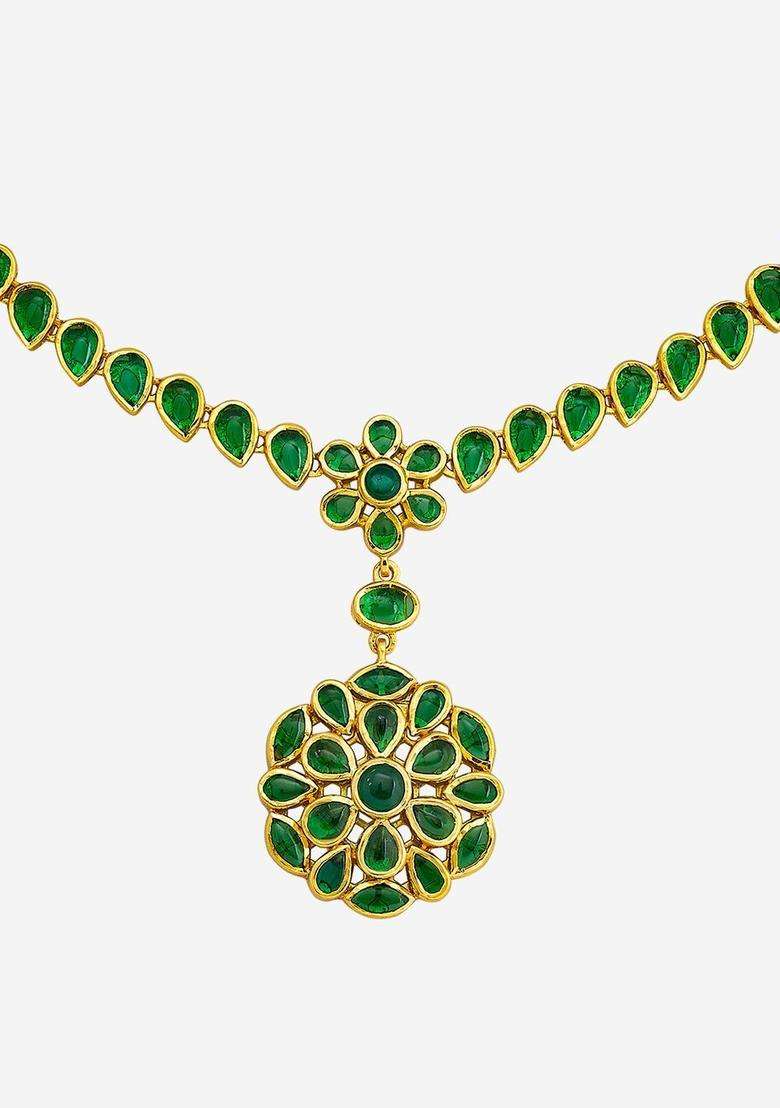 Green Gold-Plated Party Zircon Necklace for Women | Traditional Temple Jewellery for Wedding & Festive Wear | Gift for Her - Indya