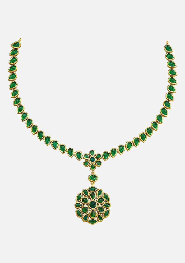 Green Gold-Plated Party Zircon Necklace for Women | Traditional Temple Jewellery for Wedding & Festive Wear | Gift for Her - Indya