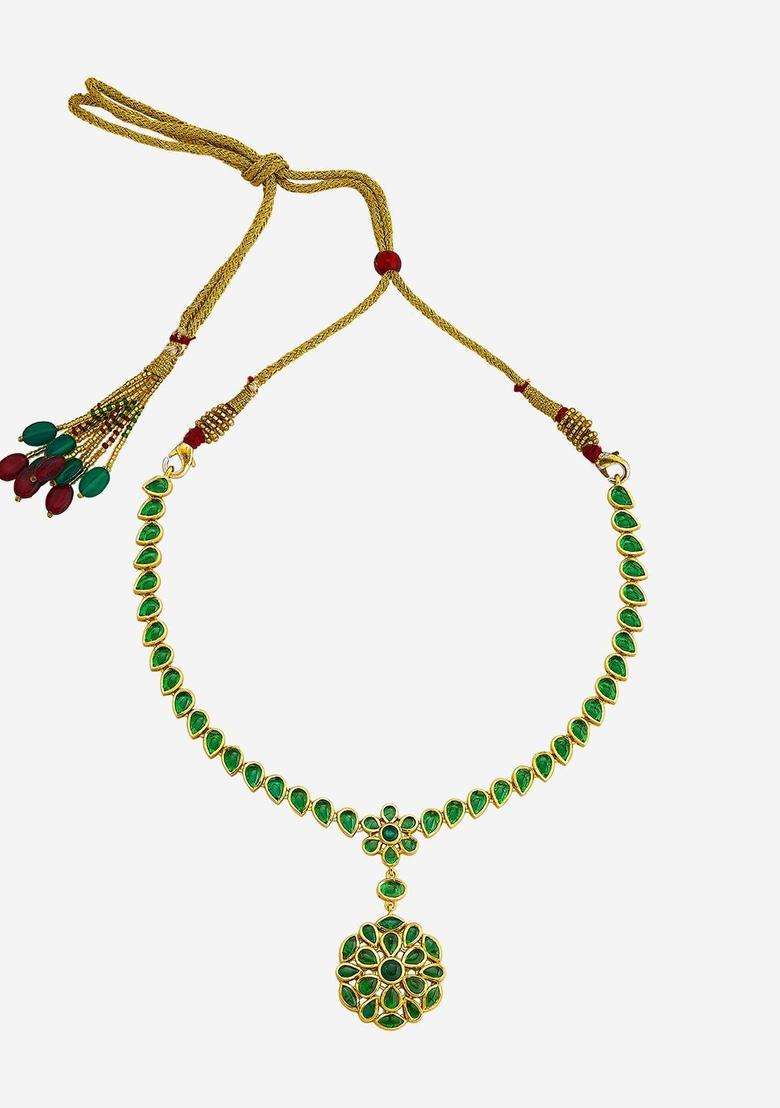 Green Gold-Plated Party Zircon Necklace for Women | Traditional Temple Jewellery for Wedding & Festive Wear | Gift for Her - Indya