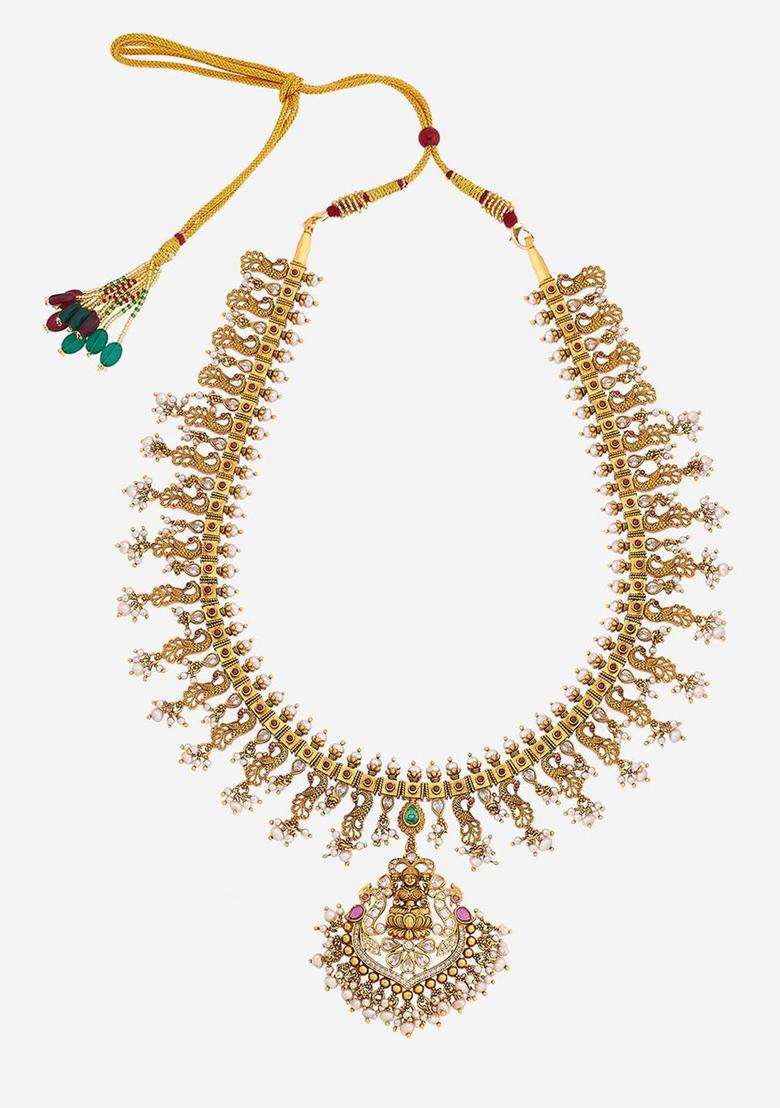 Ruby-Green Oxidised Gold-Plated 92.5 Pure Silver Necklace for Women | Traditional Temple Jewellery for Wedding & Festive Wear | Gift for Her - Indya