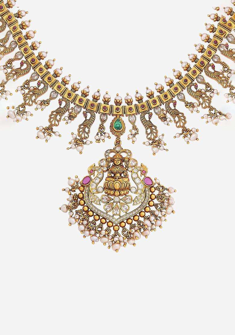 Ruby-Green Oxidised Gold-Plated 92.5 Pure Silver Necklace for Women | Traditional Temple Jewellery for Wedding & Festive Wear | Gift for Her - Indya