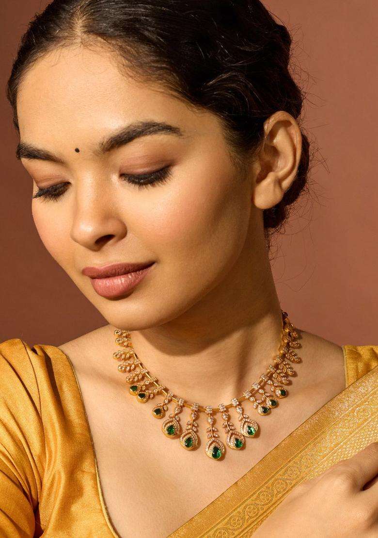 92.5 Pure Silver Gold-Plated Stone Studded Temple Necklace for Women | Traditional Temple Jewellery for Wedding & Festive Wear | Gift for Her - Indya