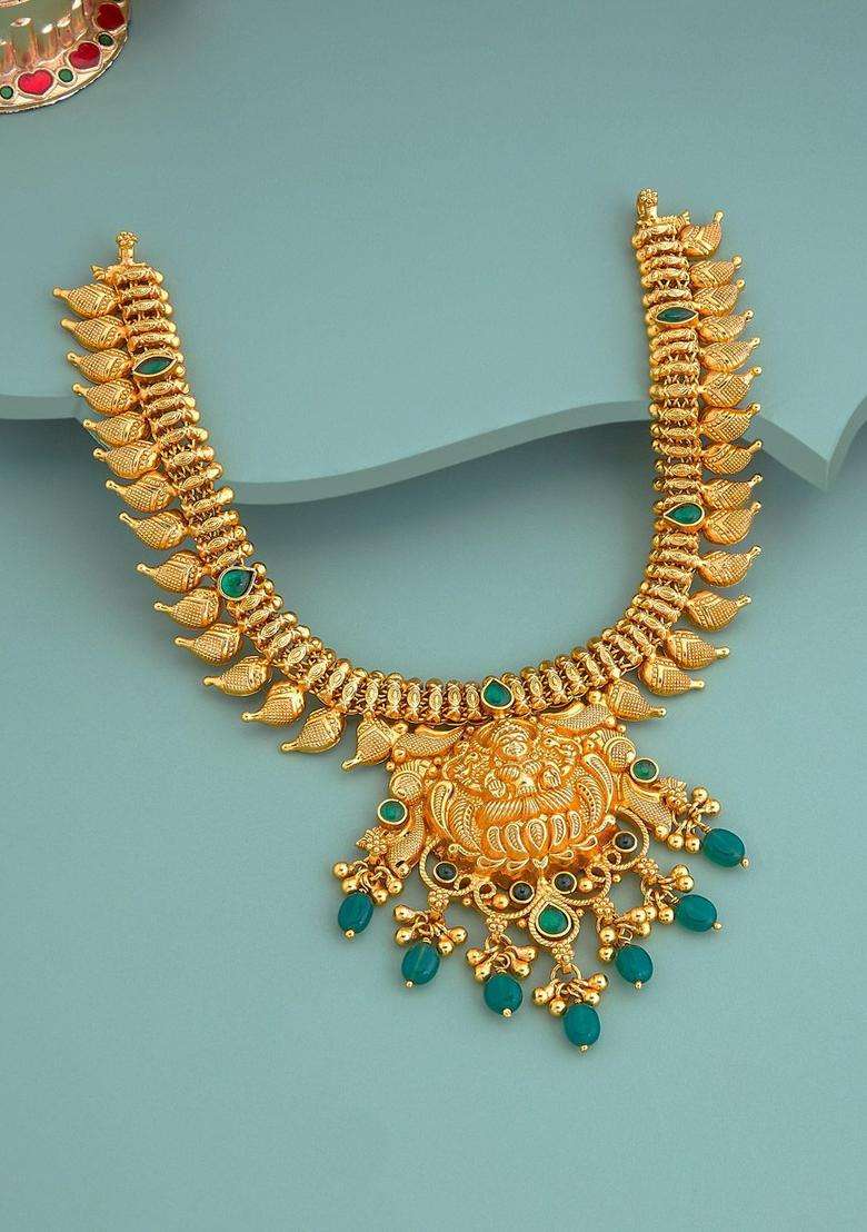 92.5 Pure Silver Gold-Plated Studded & Beaded Temple Necklace for Women | Traditional Temple Jewellery for Wedding & Festive Wear | Gift for Her - Indya