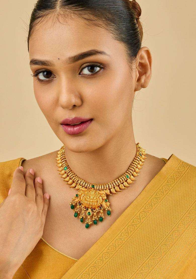 92.5 Pure Silver Gold-Plated Studded & Beaded Temple Necklace for Women | Traditional Temple Jewellery for Wedding & Festive Wear | Gift for Her - Indya