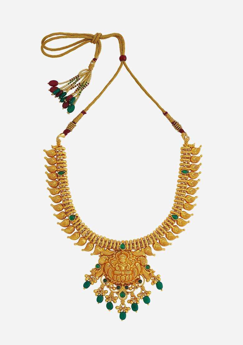 92.5 Pure Silver Gold-Plated Studded & Beaded Temple Necklace for Women | Traditional Temple Jewellery for Wedding & Festive Wear | Gift for Her - Indya