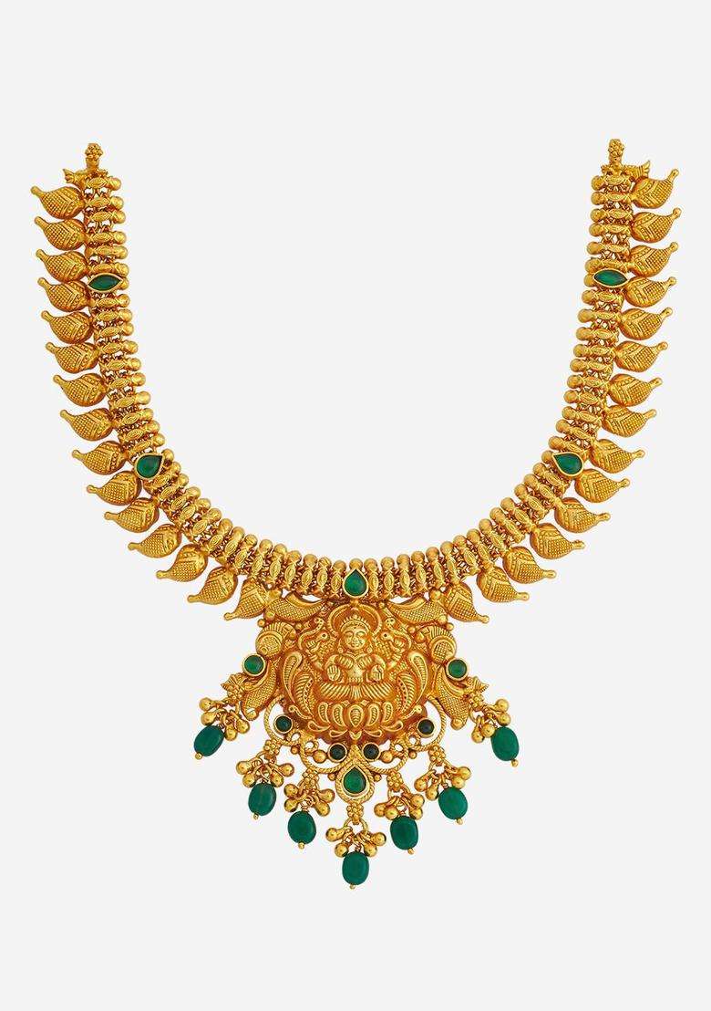 92.5 Pure Silver Gold-Plated Studded & Beaded Temple Necklace for Women | Traditional Temple Jewellery for Wedding & Festive Wear | Gift for Her - Indya