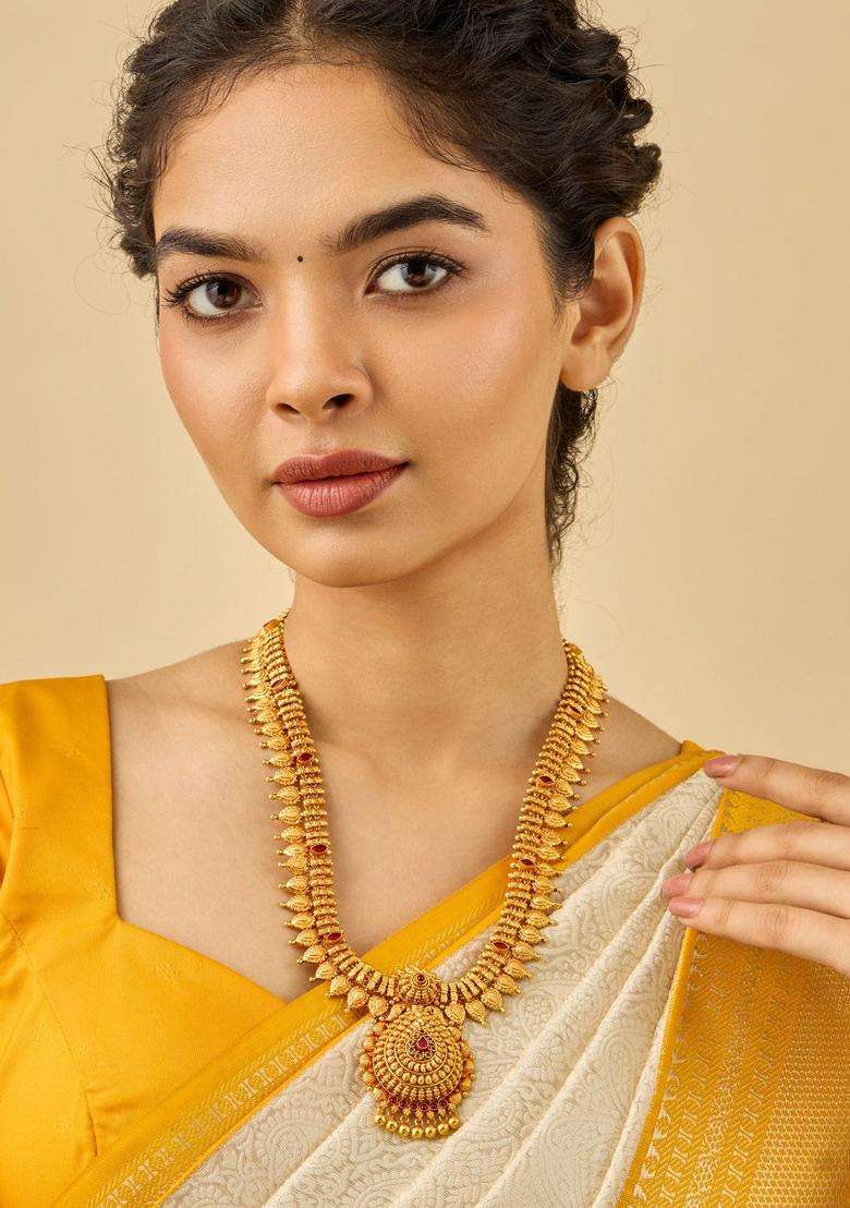 92.5 Pure Silver Gold-Plated Stone Studded Temple Necklace for Women | Traditional Temple Jewellery for Wedding & Festive Wear | Gift for Her - Indya