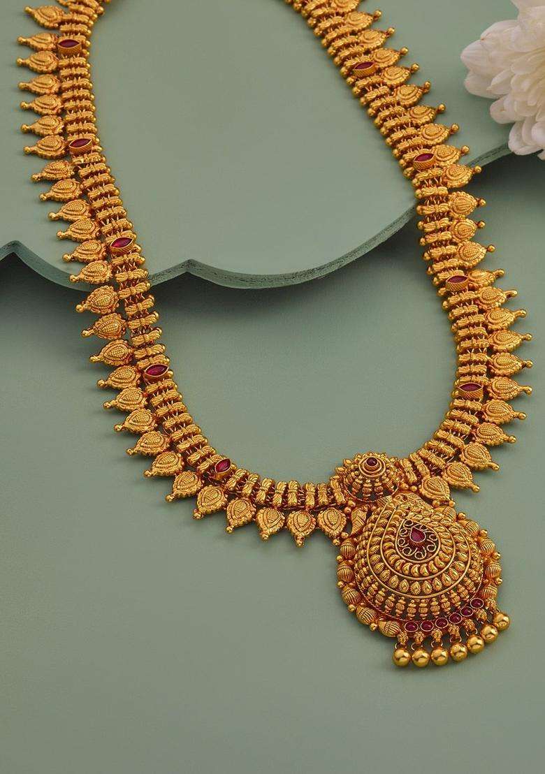 92.5 Pure Silver Gold-Plated Stone Studded Temple Necklace for Women | Traditional Temple Jewellery for Wedding & Festive Wear | Gift for Her - Indya