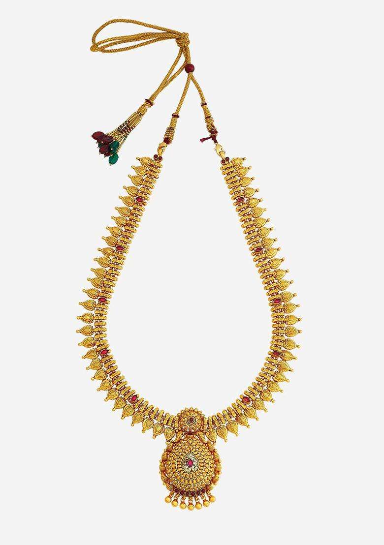 92.5 Pure Silver Gold-Plated Stone Studded Temple Necklace for Women | Traditional Temple Jewellery for Wedding & Festive Wear | Gift for Her - Indya