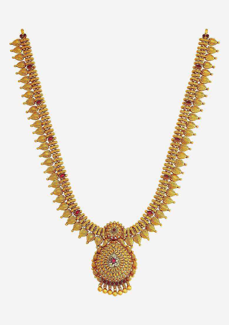 92.5 Pure Silver Gold-Plated Stone Studded Temple Necklace for Women | Traditional Temple Jewellery for Wedding & Festive Wear | Gift for Her - Indya
