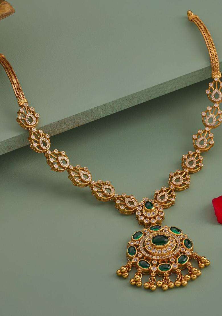 92.5 Pure Silver Gold-Plated Stone Studded Temple Necklace for Women | Traditional Temple Jewellery for Wedding & Festive Wear | Gift for Her - Indya
