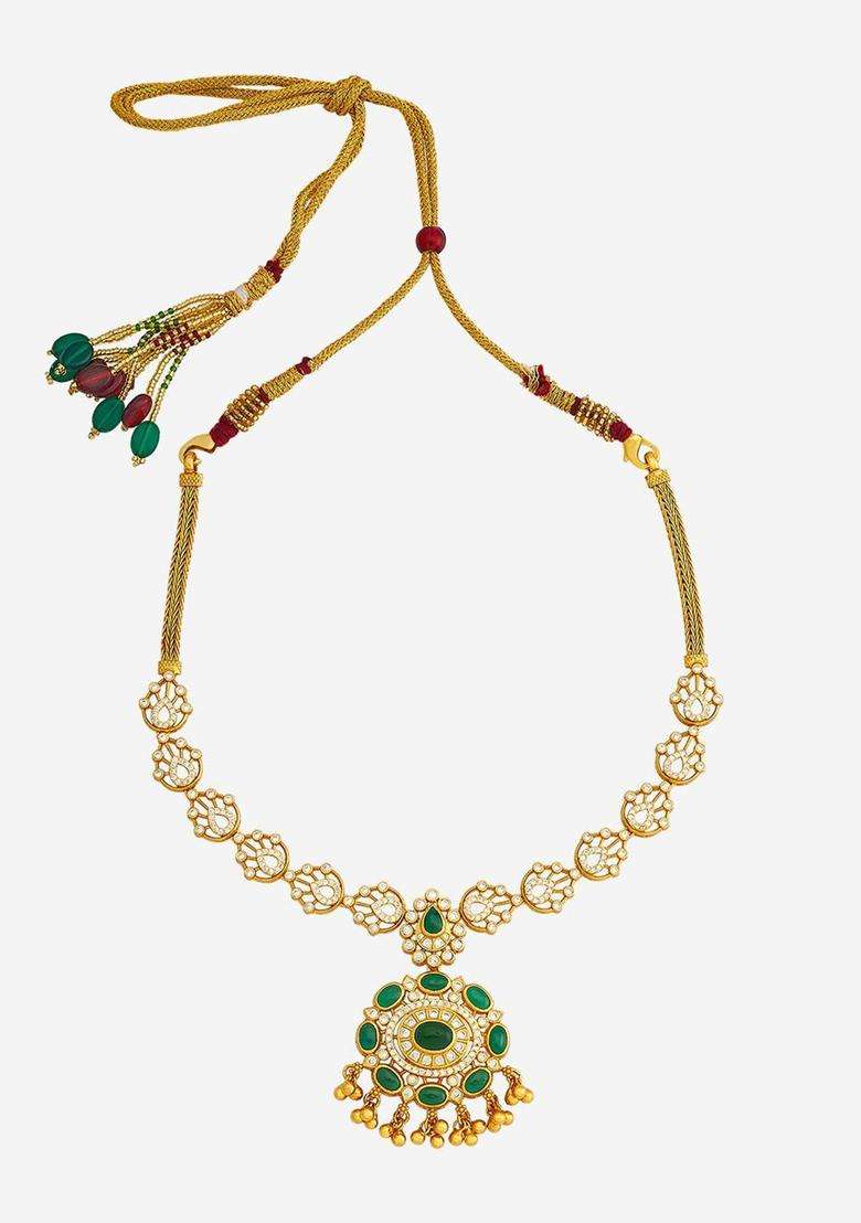 92.5 Pure Silver Gold-Plated Stone Studded Temple Necklace for Women | Traditional Temple Jewellery for Wedding & Festive Wear | Gift for Her - Indya