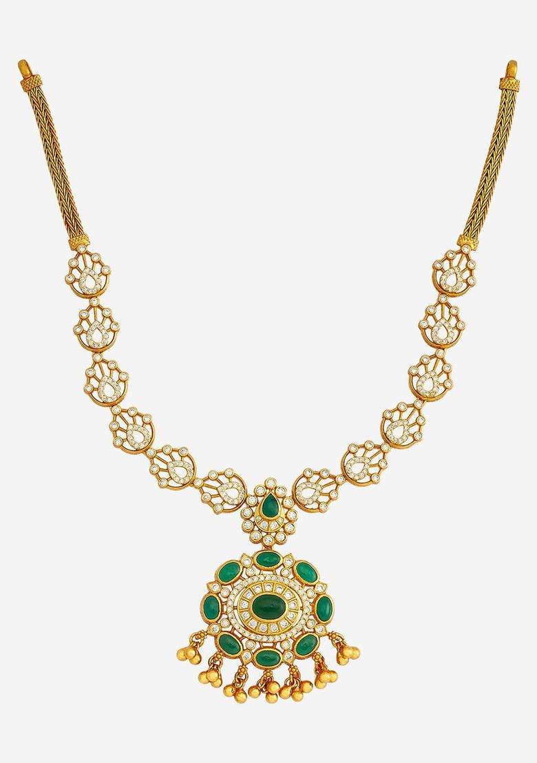 92.5 Pure Silver Gold-Plated Stone Studded Temple Necklace for Women | Traditional Temple Jewellery for Wedding & Festive Wear | Gift for Her - Indya
