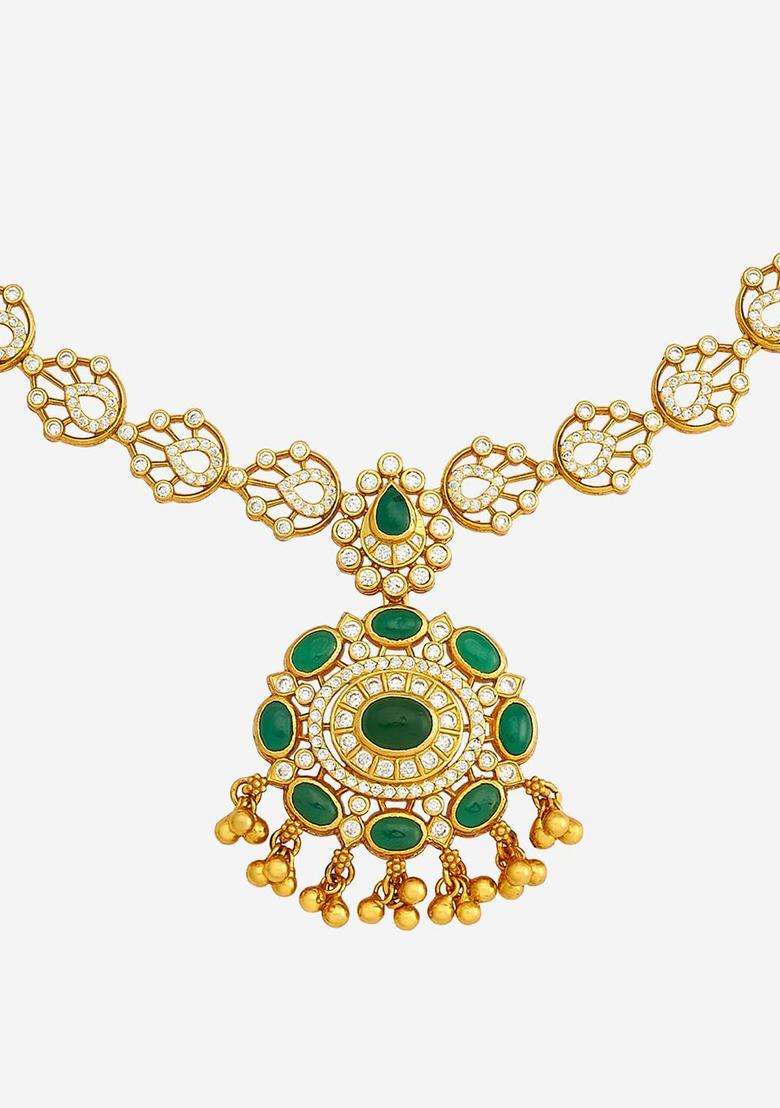 92.5 Pure Silver Gold-Plated Stone Studded Temple Necklace for Women | Traditional Temple Jewellery for Wedding & Festive Wear | Gift for Her - Indya