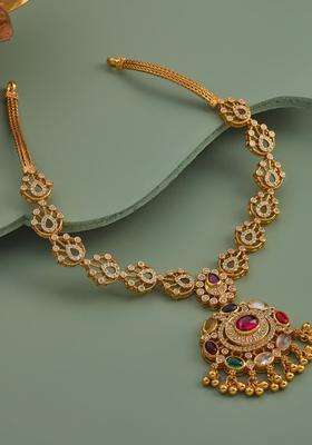 92.5 Pure Silver Gold-Plated Stone Studded Temple Necklace for Women | Traditional Temple Jewellery for Wedding & Festive Wear | Gift for Her