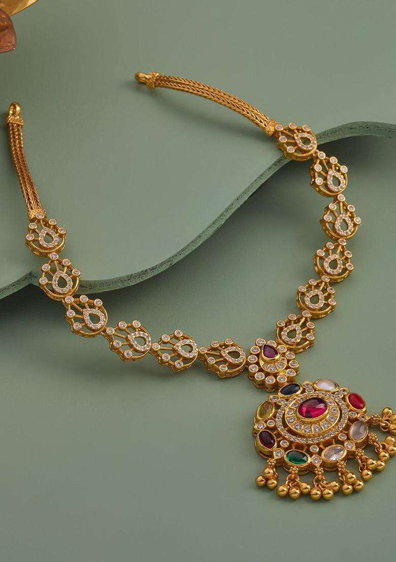 92.5 Pure Silver Gold-Plated Stone Studded Temple Necklace for Women | Traditional Temple Jewellery for Wedding & Festive Wear | Gift for Her - Indya