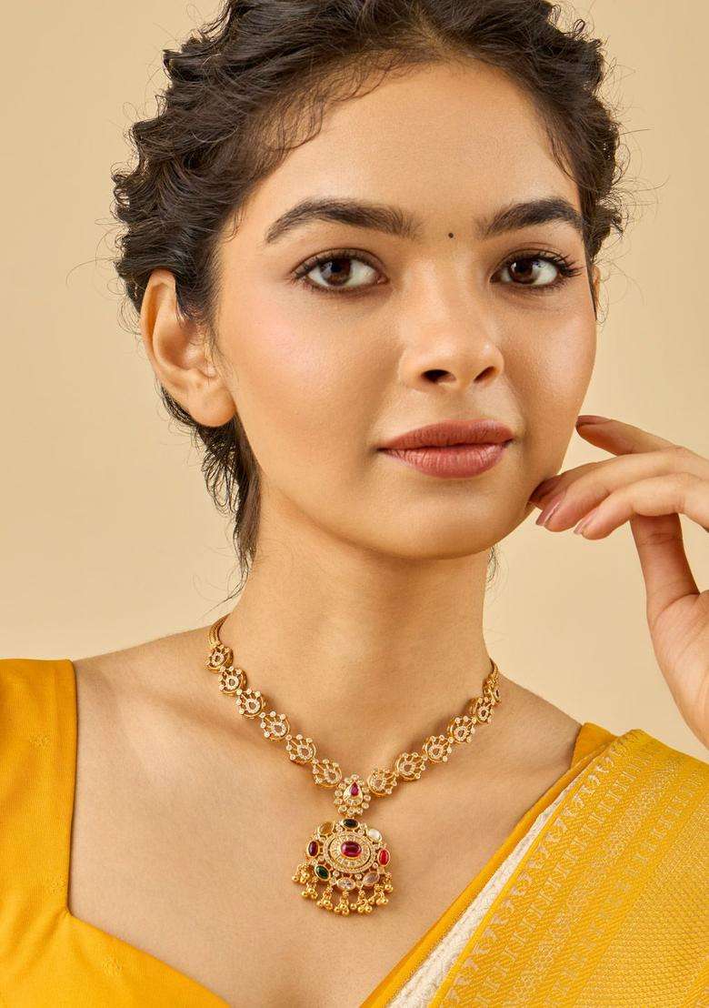 92.5 Pure Silver Gold-Plated Stone Studded Temple Necklace for Women | Traditional Temple Jewellery for Wedding & Festive Wear | Gift for Her - Indya