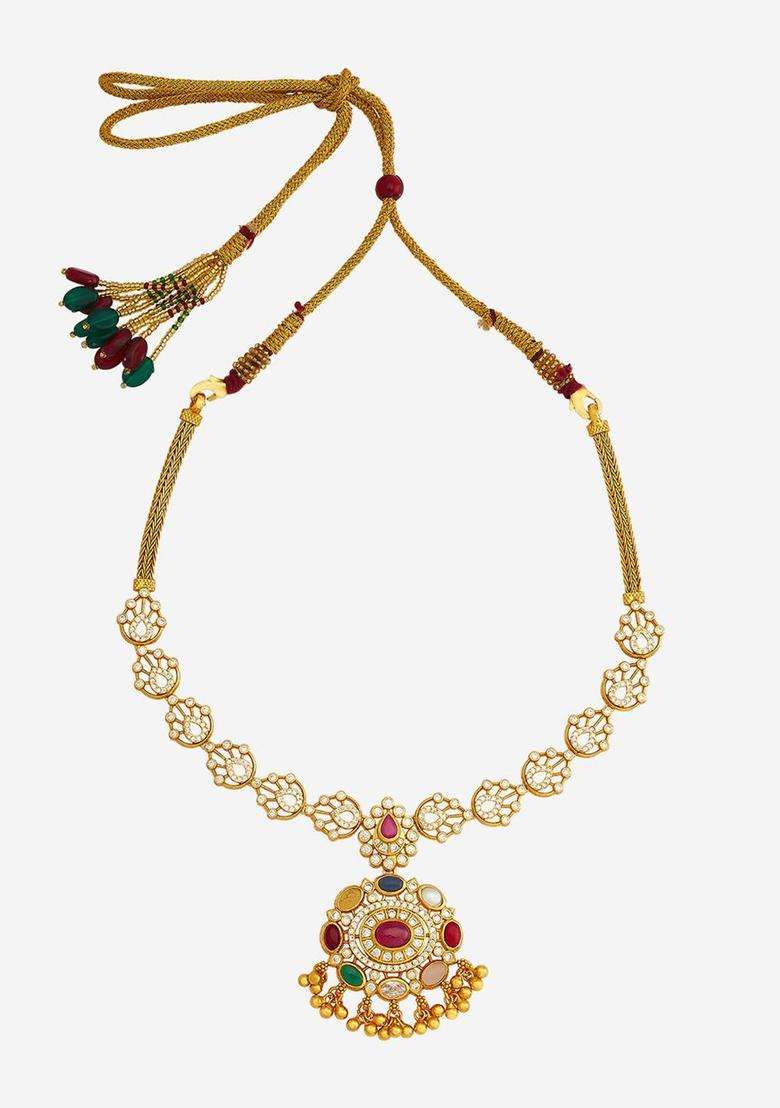 92.5 Pure Silver Gold-Plated Stone Studded Temple Necklace for Women | Traditional Temple Jewellery for Wedding & Festive Wear | Gift for Her - Indya
