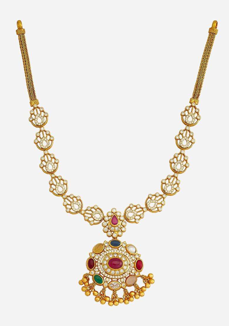 92.5 Pure Silver Gold-Plated Stone Studded Temple Necklace for Women | Traditional Temple Jewellery for Wedding & Festive Wear | Gift for Her - Indya