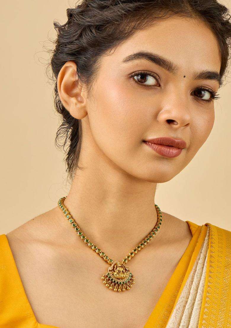 92.5 Pure Silver Gold-Plated Stone Studded Temple Necklace for Women | Traditional Temple Jewellery for Wedding & Festive Wear | Gift for Her - Indya
