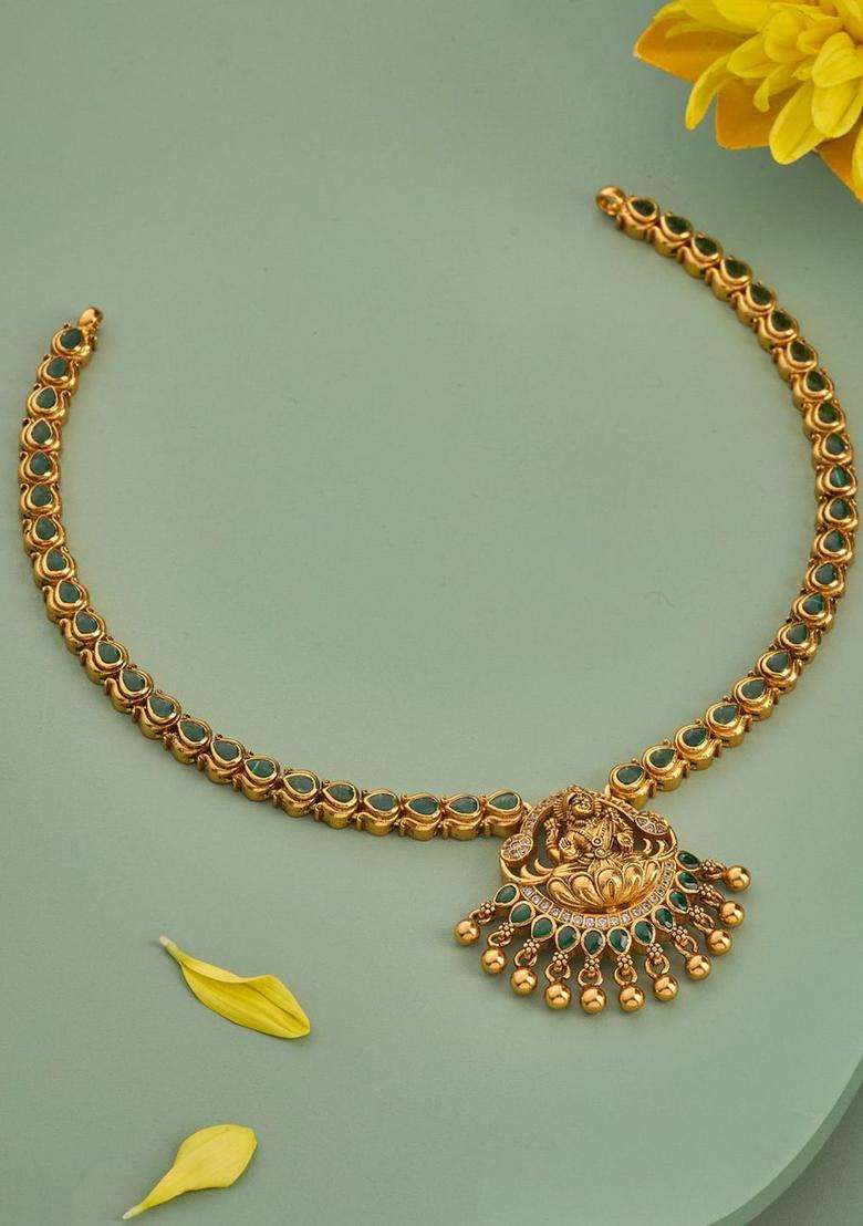 92.5 Pure Silver Gold-Plated Stone Studded Temple Necklace for Women | Traditional Temple Jewellery for Wedding & Festive Wear | Gift for Her - Indya