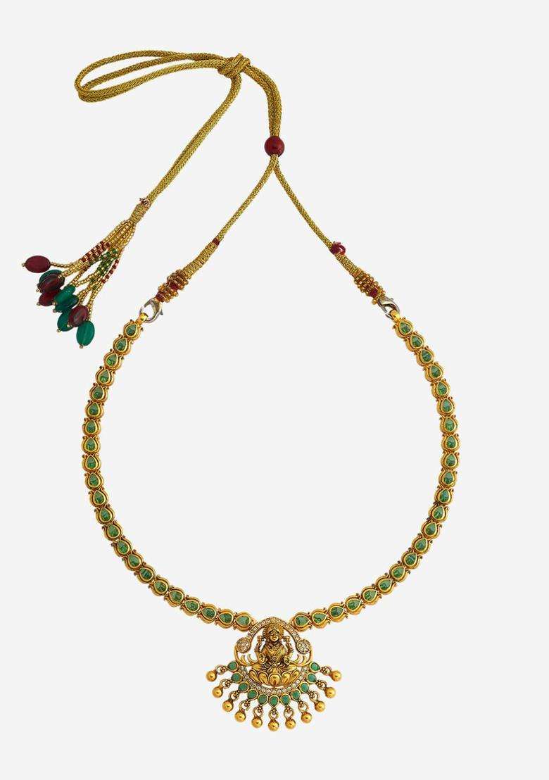 92.5 Pure Silver Gold-Plated Stone Studded Temple Necklace for Women | Traditional Temple Jewellery for Wedding & Festive Wear | Gift for Her - Indya