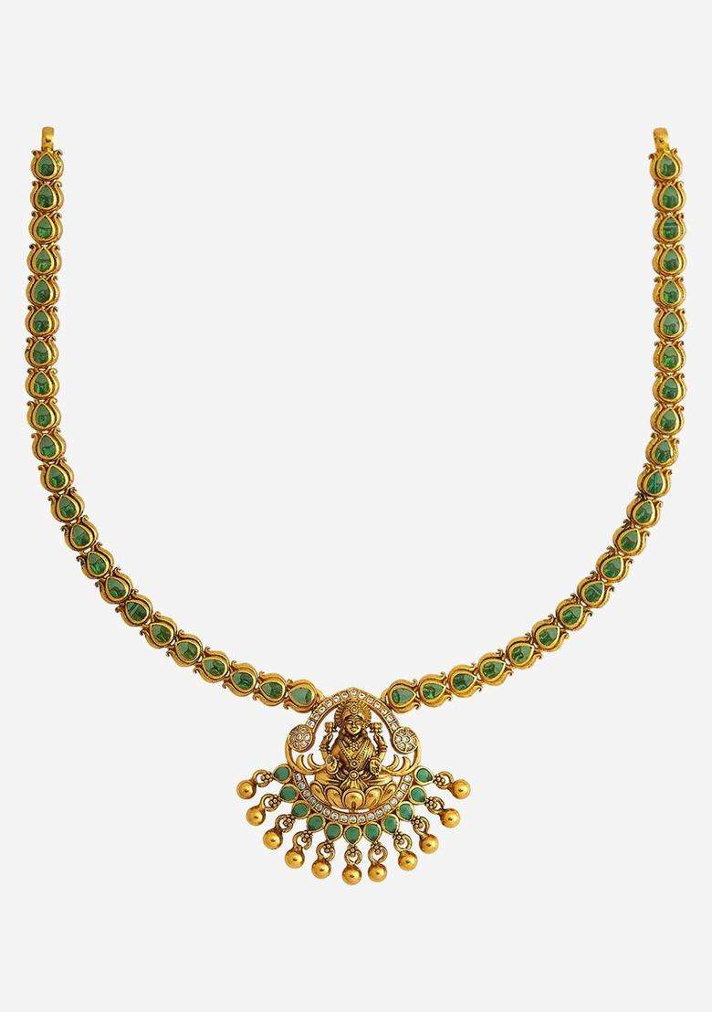 92.5 Pure Silver Gold-Plated Stone Studded Temple Necklace for Women | Traditional Temple Jewellery for Wedding & Festive Wear | Gift for Her - Indya